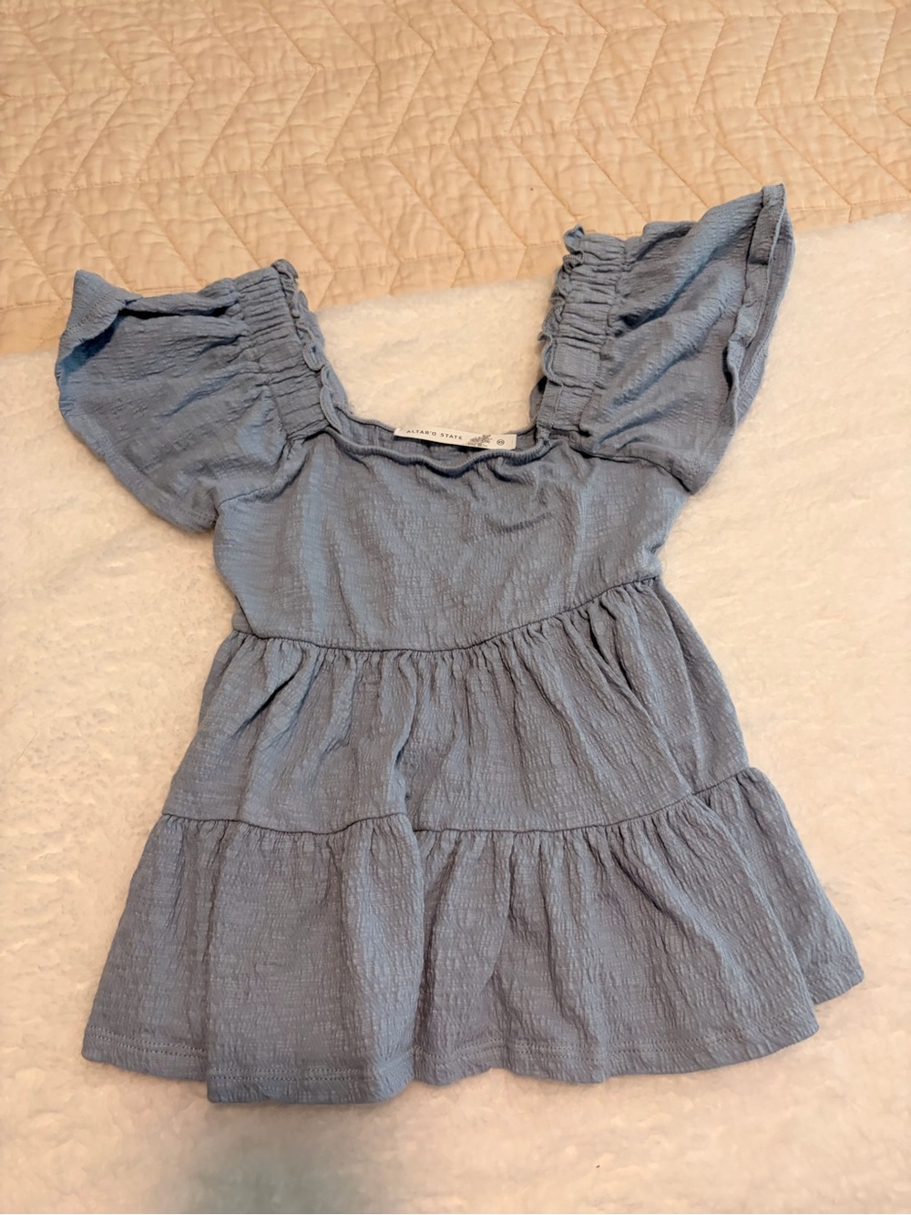 Light Blue Textured Ruffle Sleeve Tunic Top